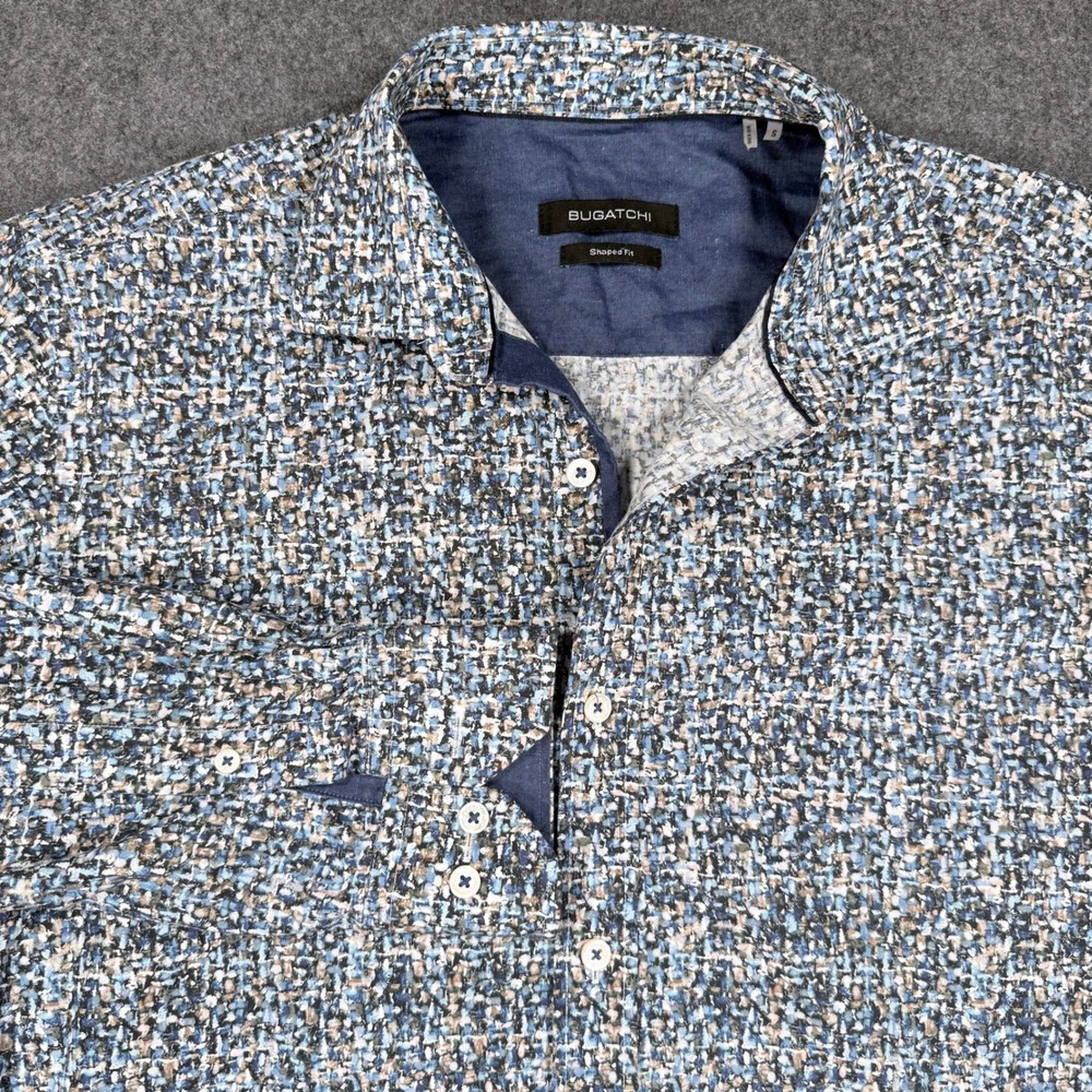 Bugatchi Mens Shaped Fit Long Sleeve Button Down Shirt Blue Abstract Mosaic S